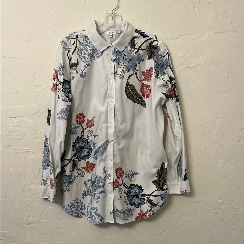Chico's White Blouse with Red Floral Design